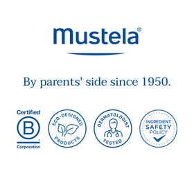 Mustela 6.76 fl oz bottle beside everyday items for scale and portability