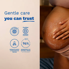 Mustela size comparison with hand illustrating 8.45 fl oz capacity and easy daily use benefit