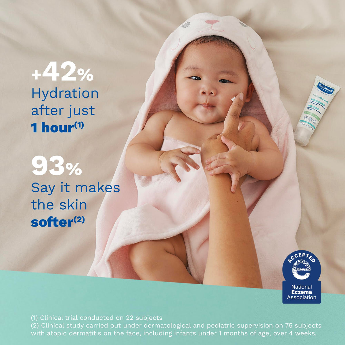 Mustela Stelatopia cream texture close-up illustrating fast absorption