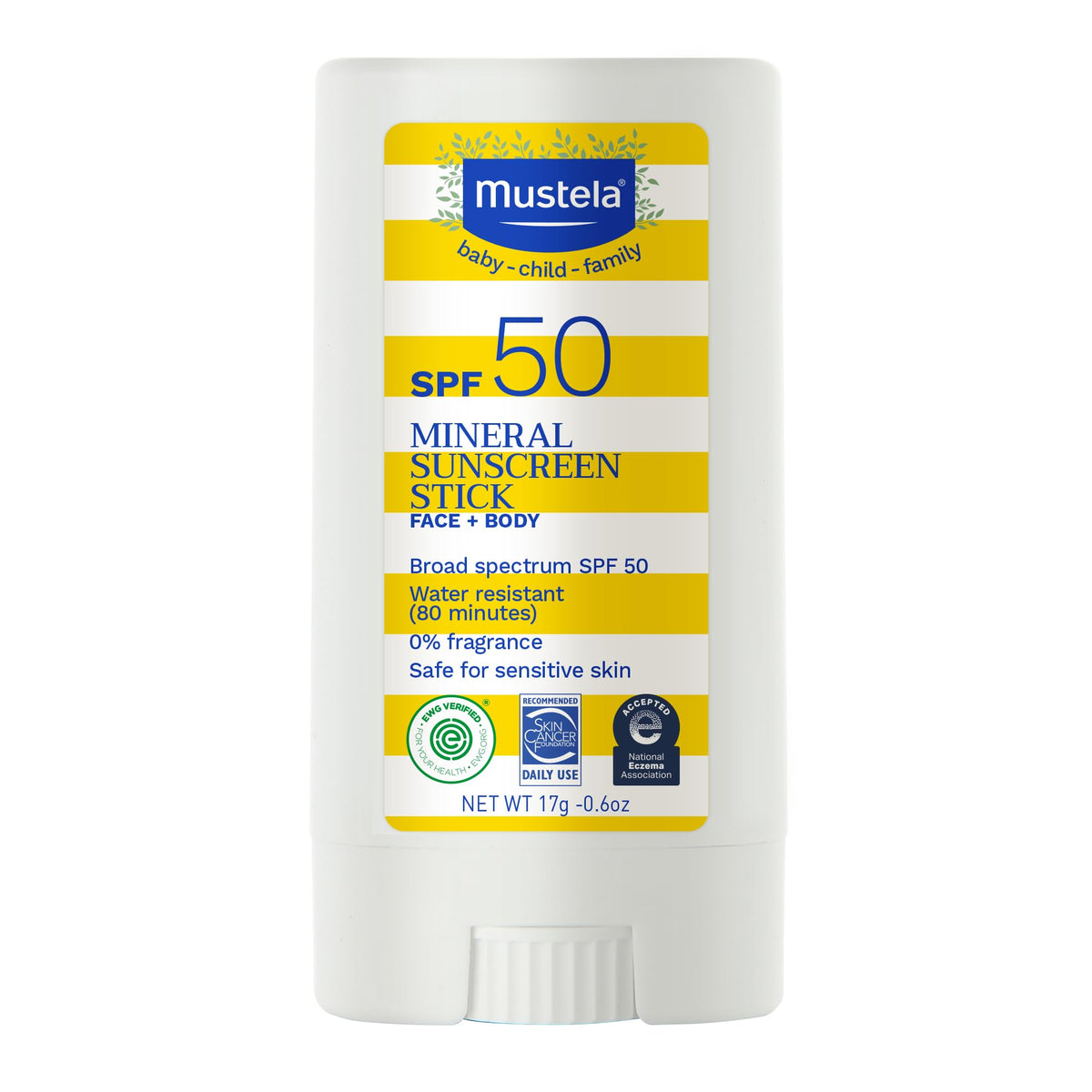 Mustela stick front packaging showing compact SPF 50 protection benefit