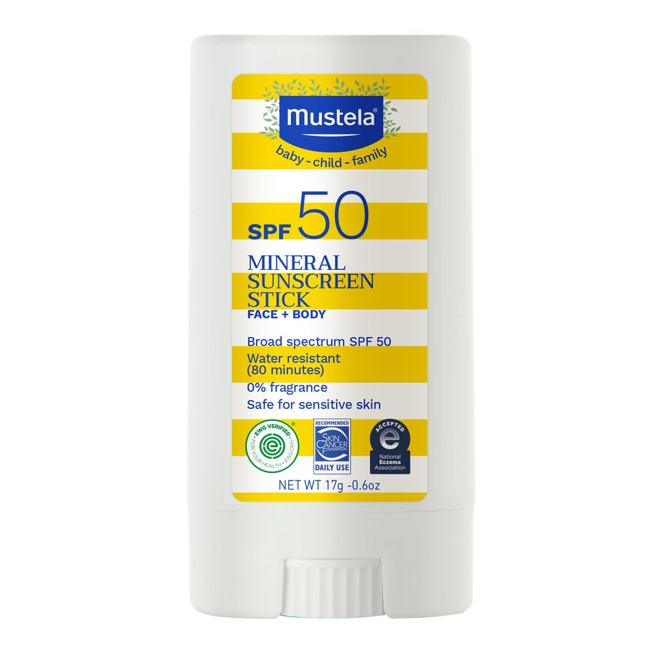 Mustela stick front packaging showing compact SPF 50 protection benefit