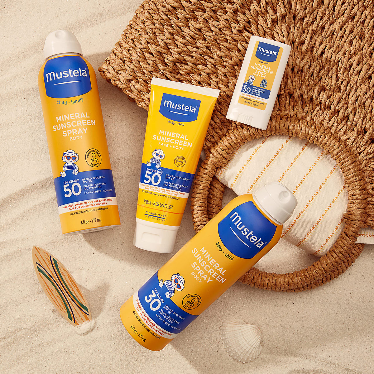 Mustela bottle beside common items showing 6 fl oz size for packing convenience