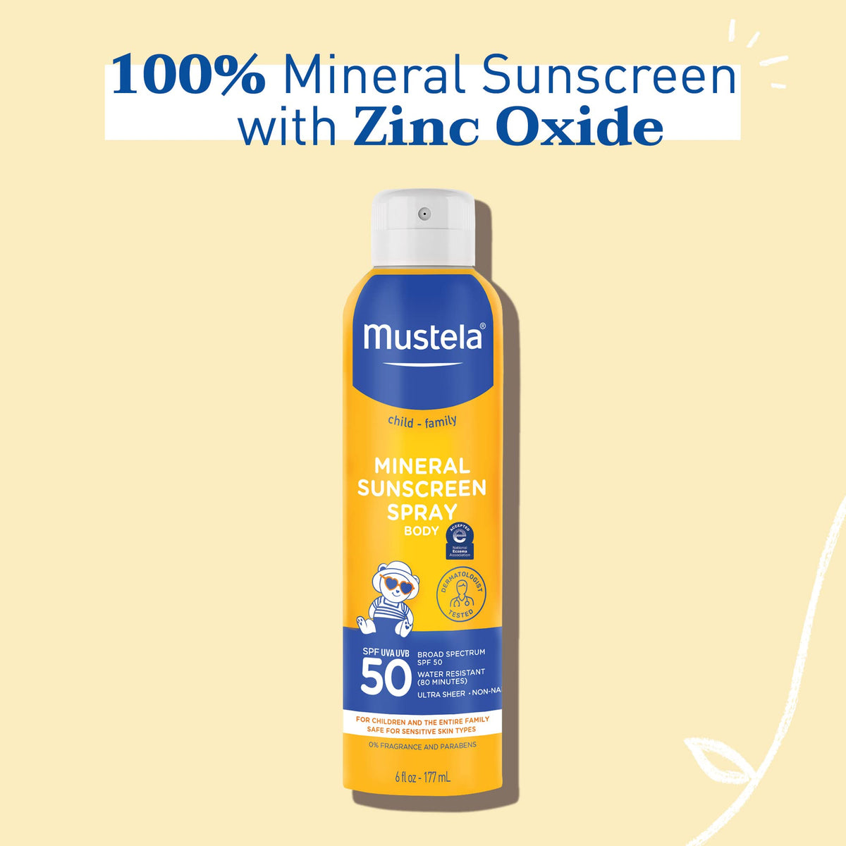 Mustela spray action applied to arm for quick, even coverage and convenience