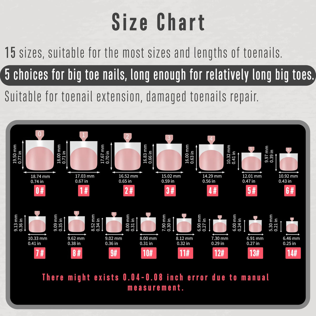 MUTIOVO size layout showing 15 sizes and big-toe options, ensures better fit