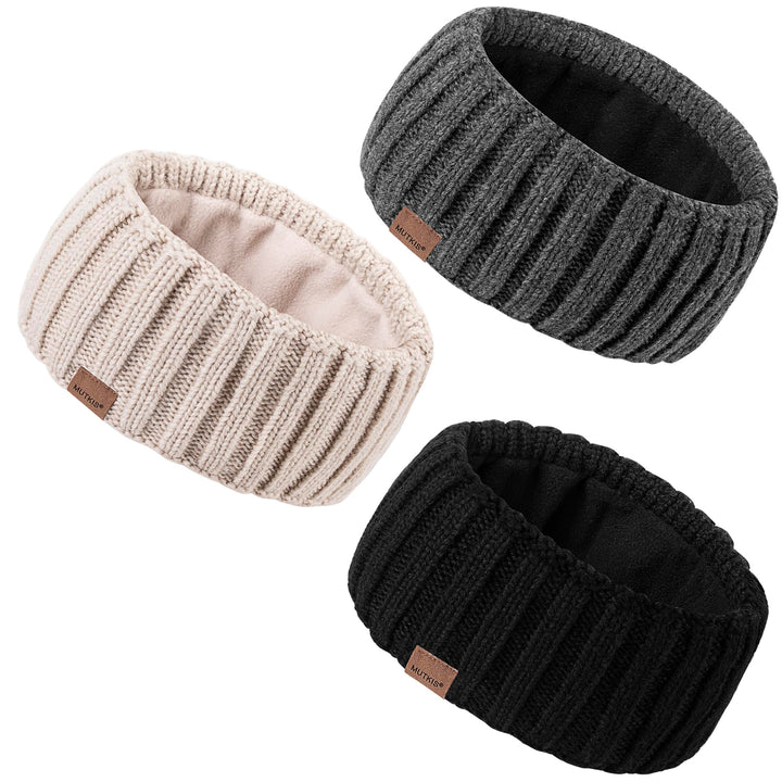 MUTKIS three-pack headbands front view showing colors and fit benefits