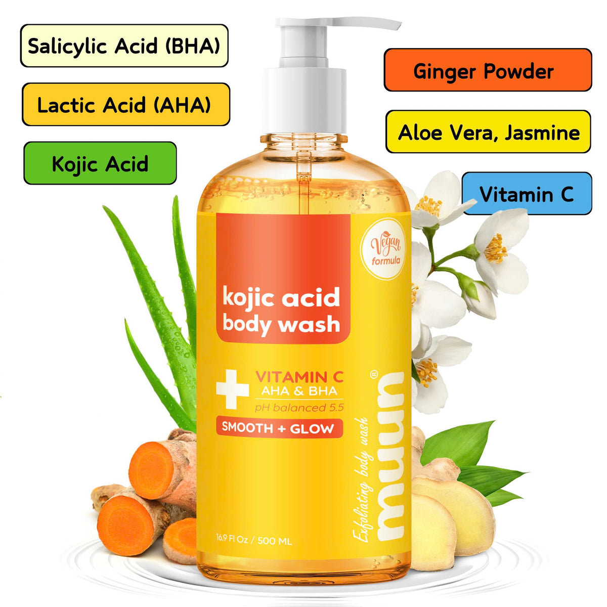 Muun label close-up highlighting salicylic and lactic acid benefits