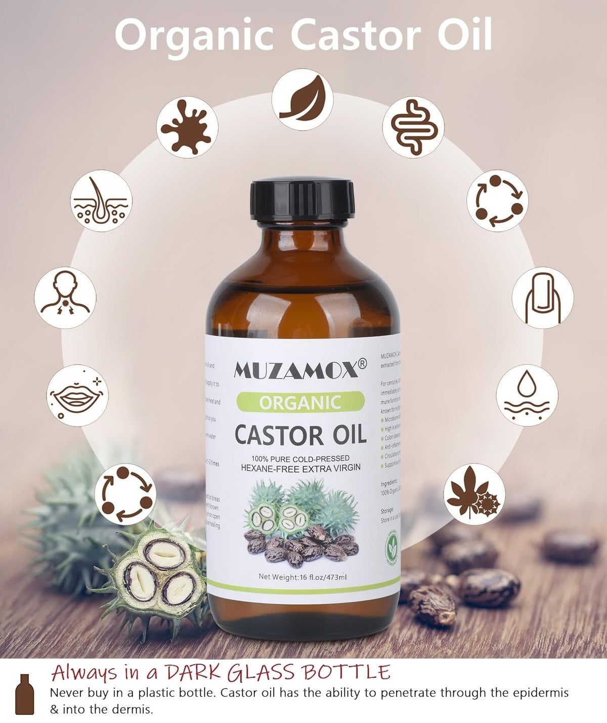 MUZAMOX castor oil texture close-up highlighting rich viscosity