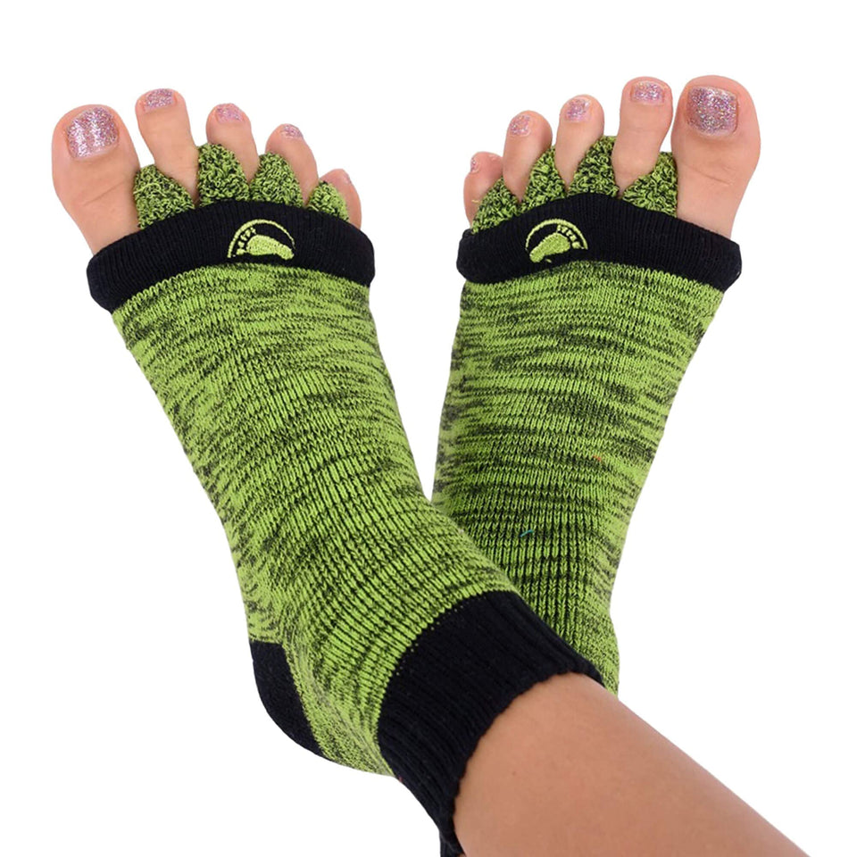 My Happy Feet front packaging showing green and black socks and clear benefits