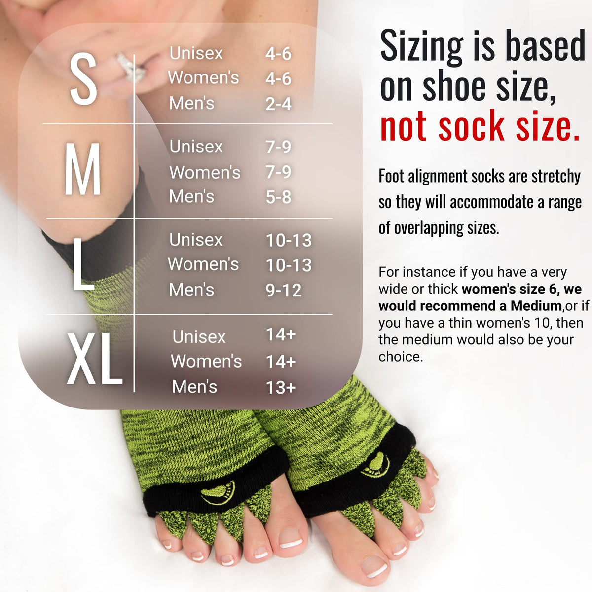 My Happy Feet packaging and size chart flatlay helping buyers choose correct size
