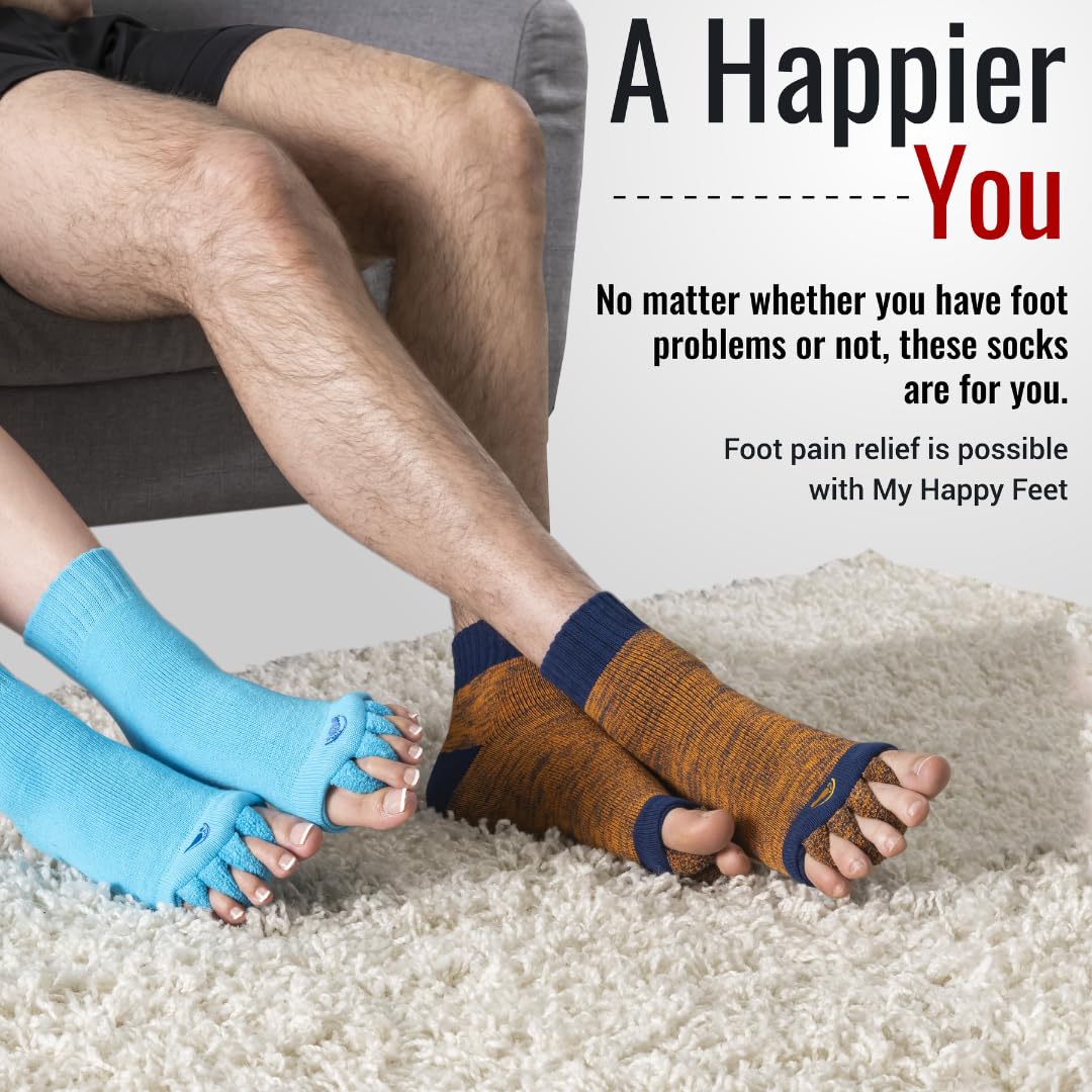 My Happy Feet socks worn on feet side view demonstrating toe spacing benefit