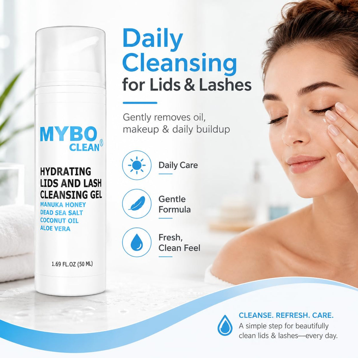Myboclean pump dispensing gel close-up for precise, waste-reducing use