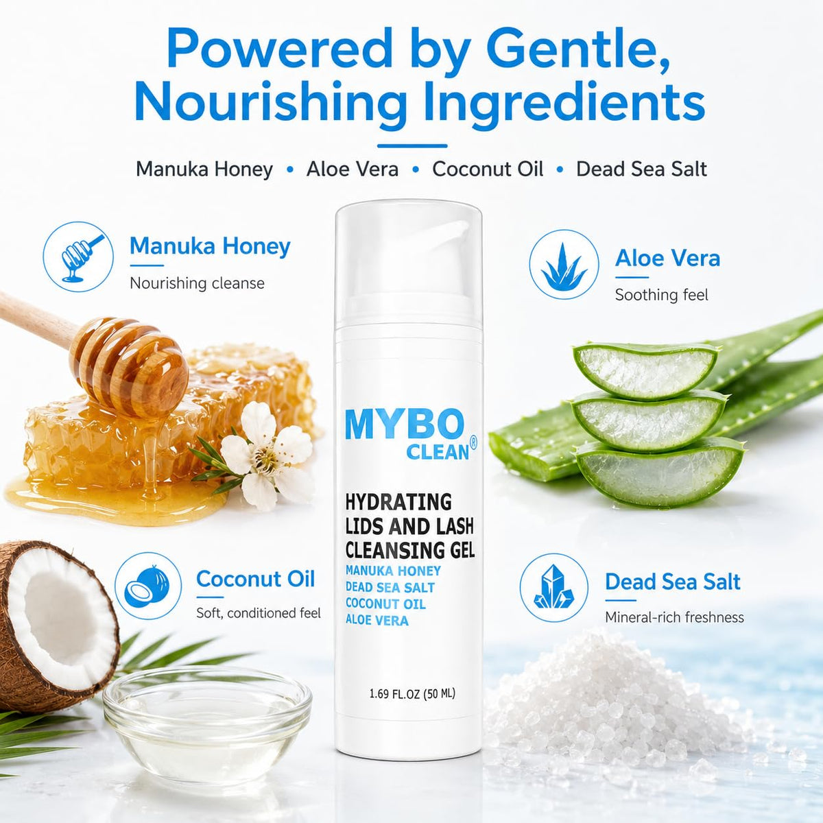 Myboclean bottle beside common items showing 1.69 fl oz size clarity