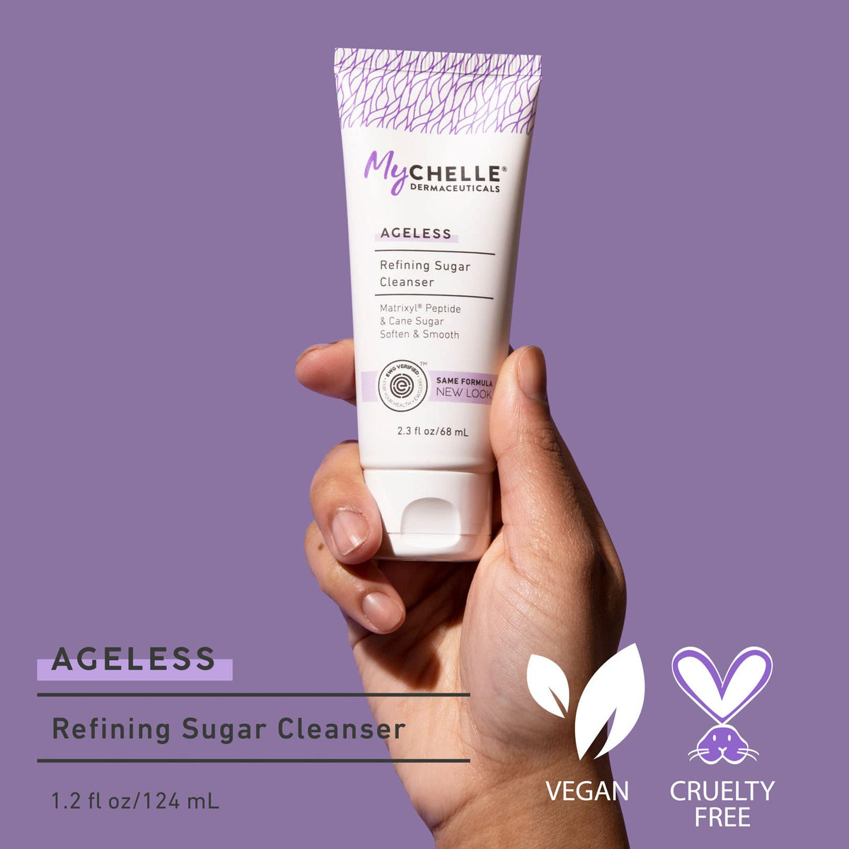 MyCHELLE cleanser lather in hand demonstrating creamy foam and smooth rinse
