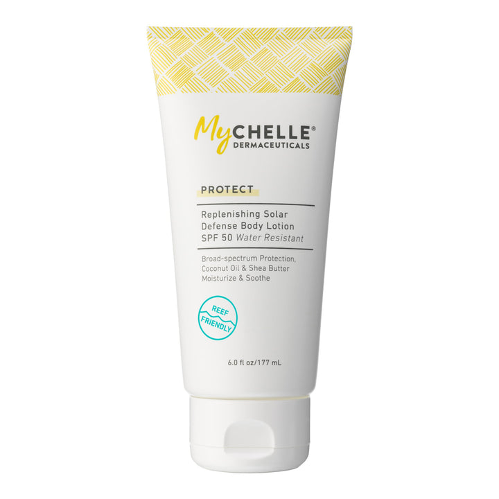 MyChelle front packaging showing SPF 50 and travel-ready 6 fl oz bottle benefit