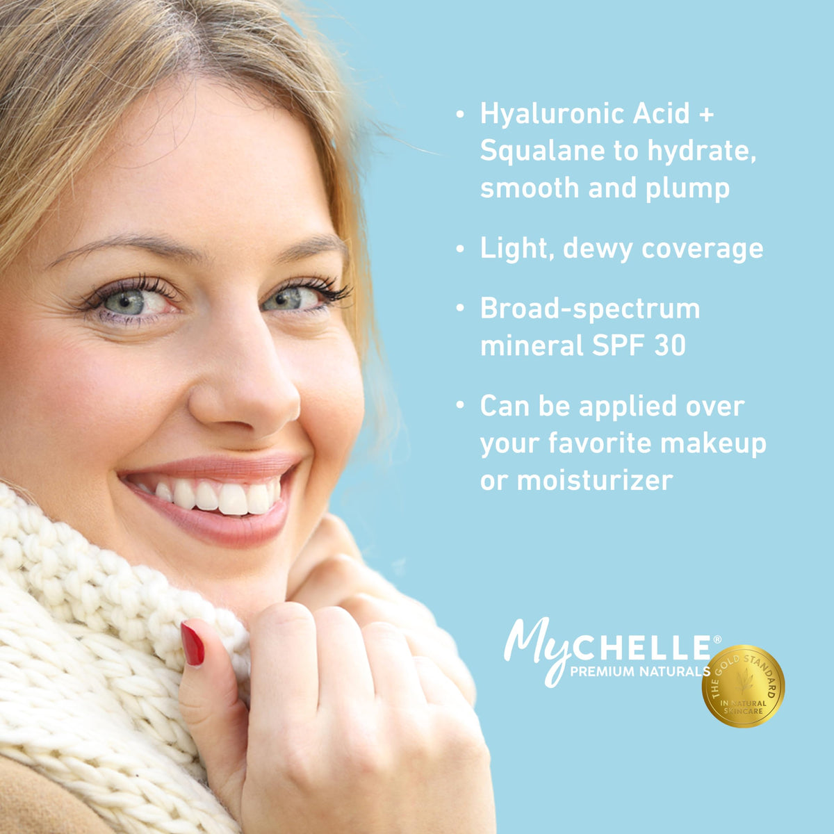MyChelle bottle next to ruler showing 1 oz scale for size and travel-friendly benefit