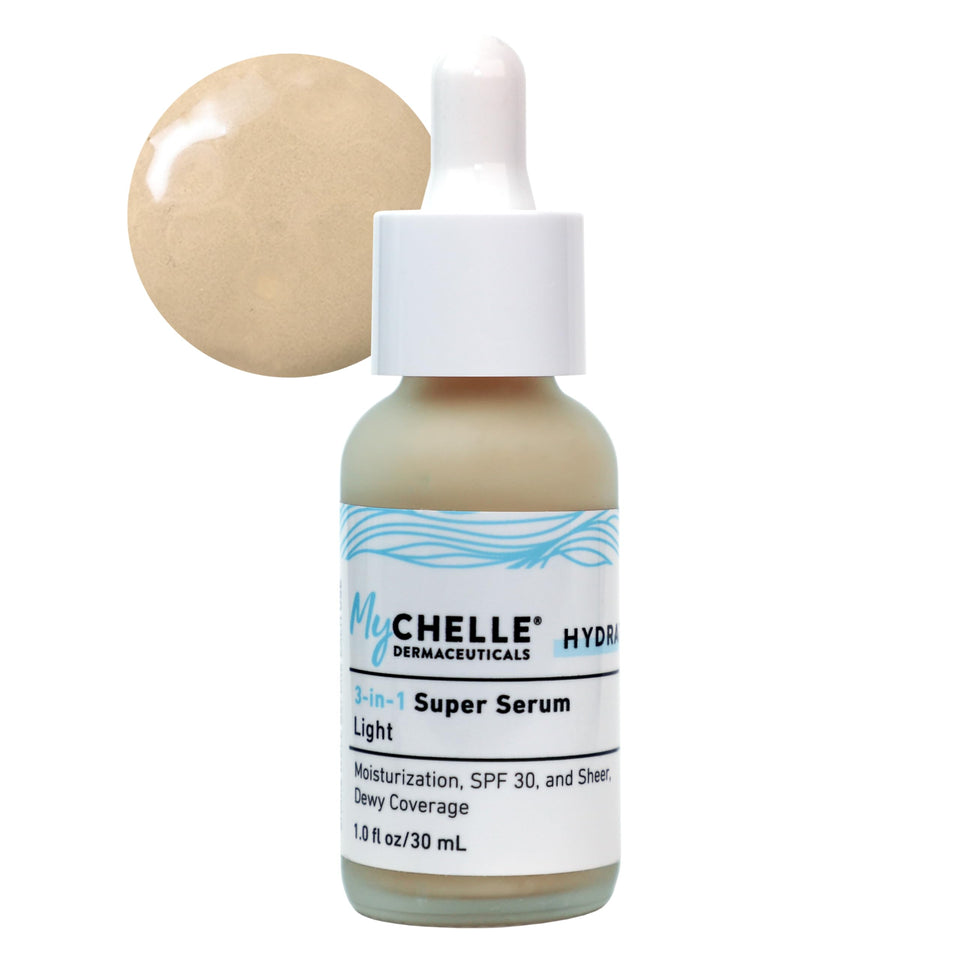 MyChelle front packaging of 3-in-1 Super Serum showing bottle and label, conveys clean formulation