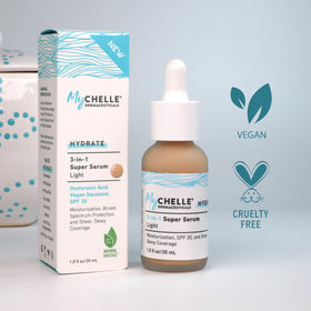 MyChelle close-up of serum drop texture highlighting dewy, lightweight hydration benefit