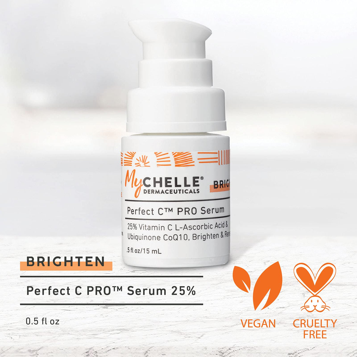 MyChelle Dermaceuticals pump dispensing serum drop, highlights easy controlled application