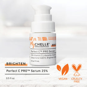 MyChelle Dermaceuticals pump dispensing serum drop, highlights easy controlled application