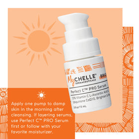 MyChelle Dermaceuticals serum on vanity with sunscreen, illustrates morning layering benefit