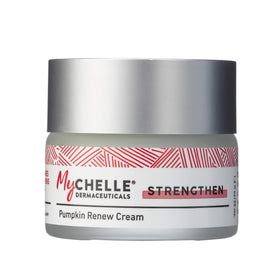 MyChelle front jar view showing Pumpkin Renew Cream packaging and clean branding benefits