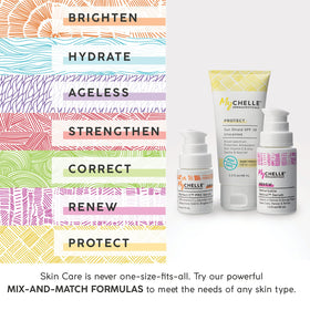 MyChelle bottle with ruler for scale, clarifies 1 fl oz size and travel-friendly dimensions