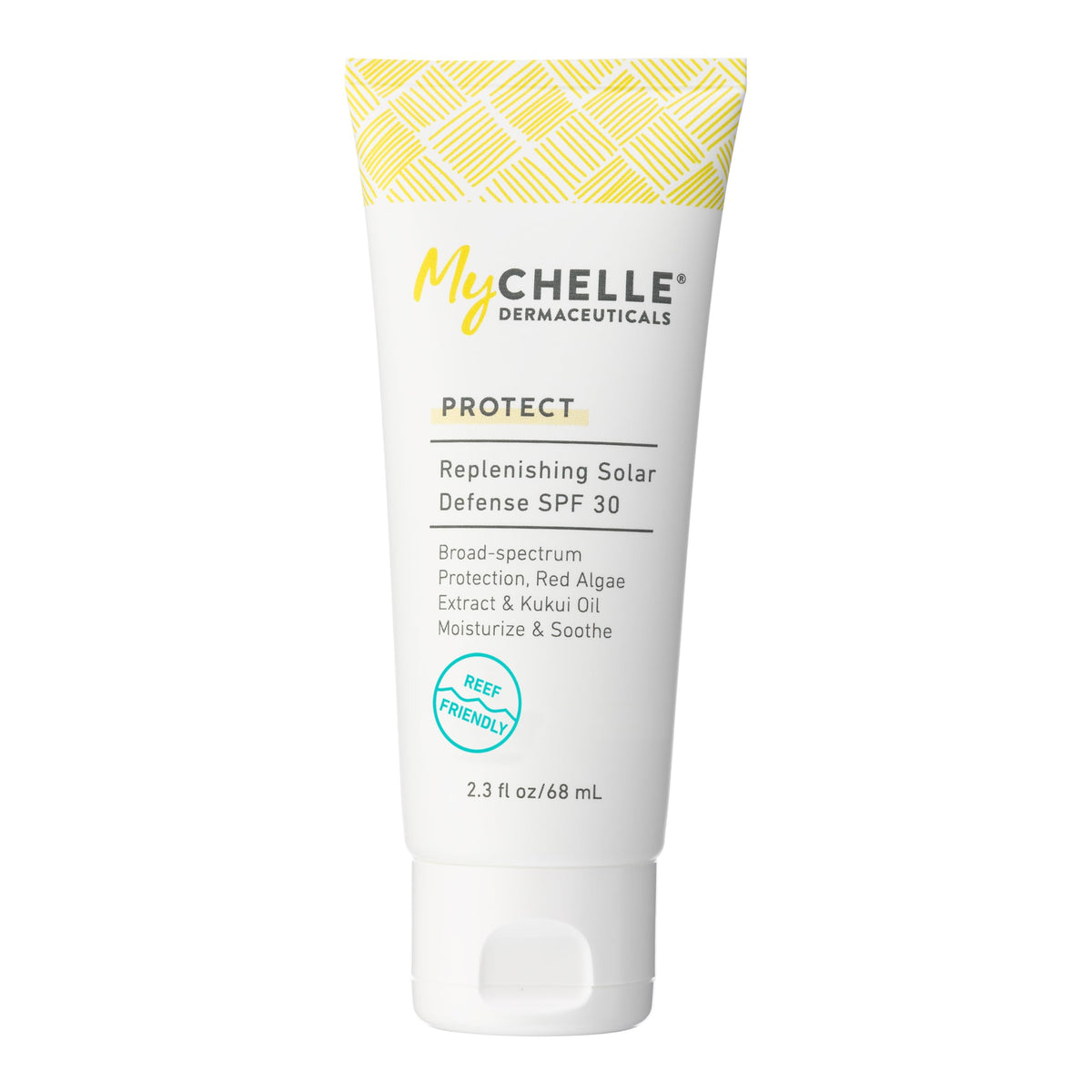 MyCHELLE front packaging showing SPF 30 protection and travel tube benefit