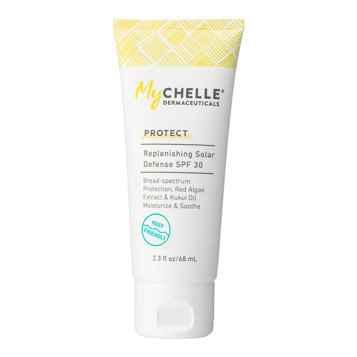 MyCHELLE front packaging showing SPF 30 protection and travel tube benefit