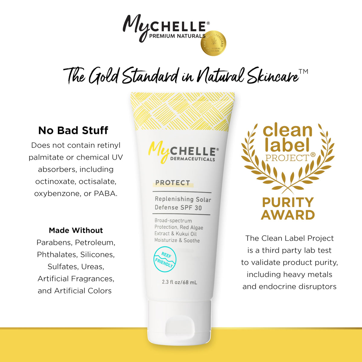 MyCHELLE travel size next to a passport illustrating portability and convenience