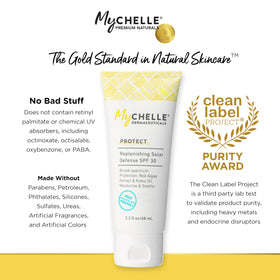 MyCHELLE travel size next to a passport illustrating portability and convenience
