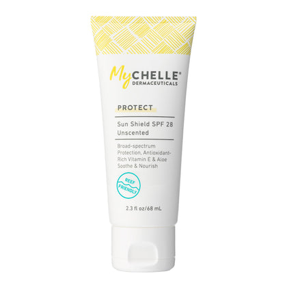 MyChelle front packaging showing SPF 28 protection and travel size benefit