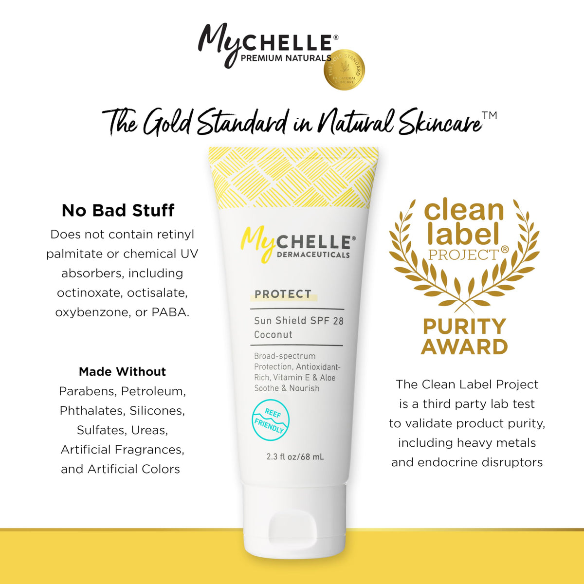 MyChelle tube beside passport showing travel-size convenience and portability