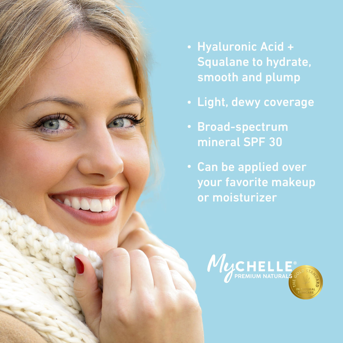 MyChelle Super Serum application on skin showing tinted coverage and immediate glow benefit