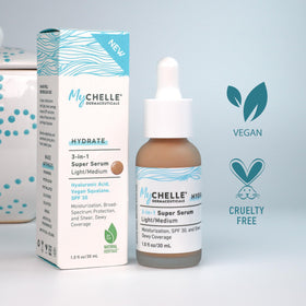 MyChelle Super Serum texture closeup showing dewy fluid and blendability benefit