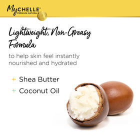 MyChelle lotion texture close-up showing creamy finish and fast absorption benefit