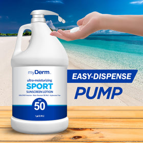 MyDerm bottle on poolside surface suggesting convenient on‑site use