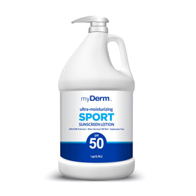 MyDerm gallon front label showing SPF 50 and reef compliance benefit