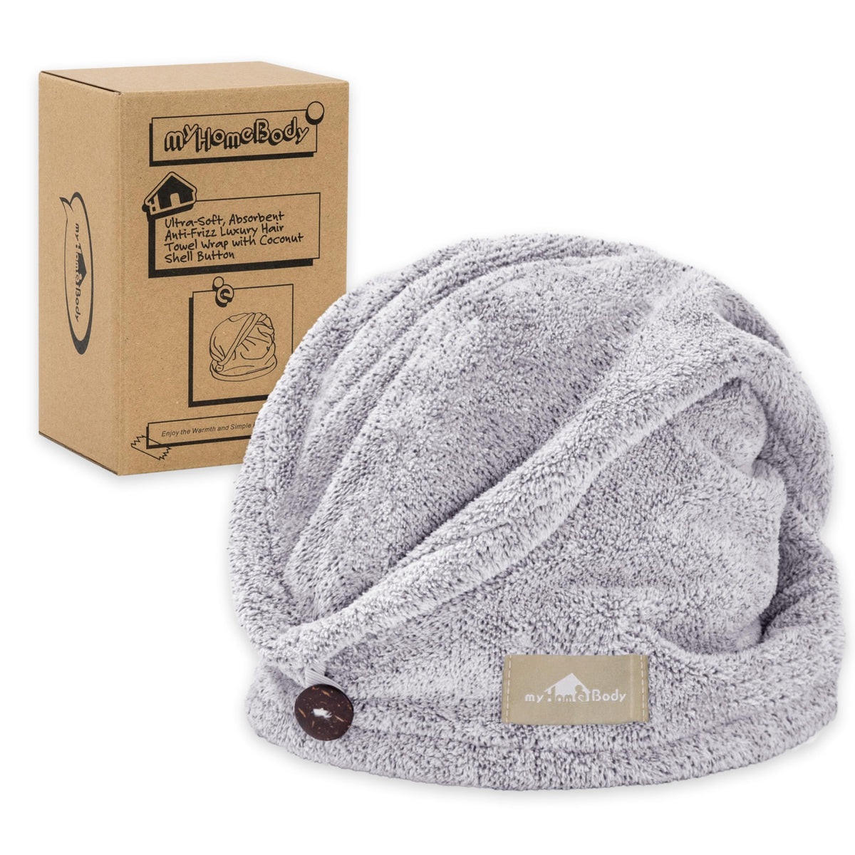 myHomeBody front view of gray turban showing full shape and secure fit benefit