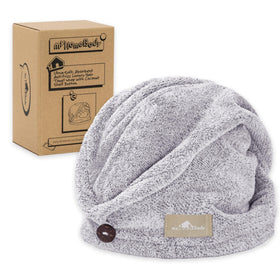 myHomeBody front view of gray turban showing full shape and secure fit benefit