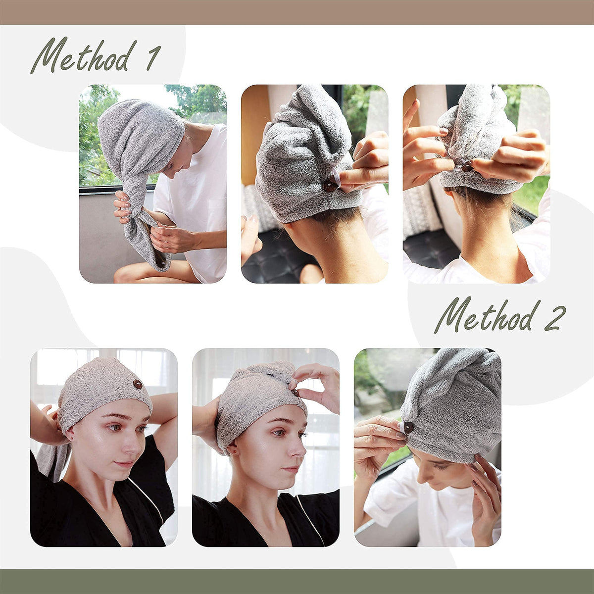 myHomeBody model wearing turban with wet hair demonstrating hands-free convenience