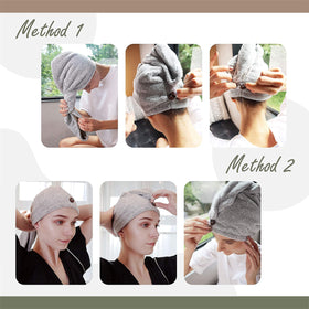 myHomeBody model wearing turban with wet hair demonstrating hands-free convenience