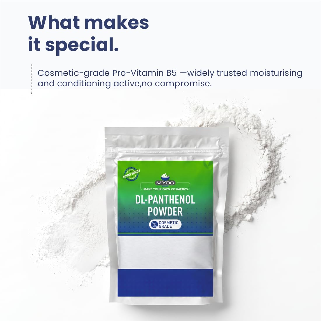 MYOC DL-Panthenol dissolving in warm water to demonstrate easy incorporation