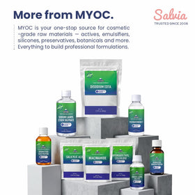 MYOC DL-Panthenol staged in a bathroom with lotion and shampoo showing product use