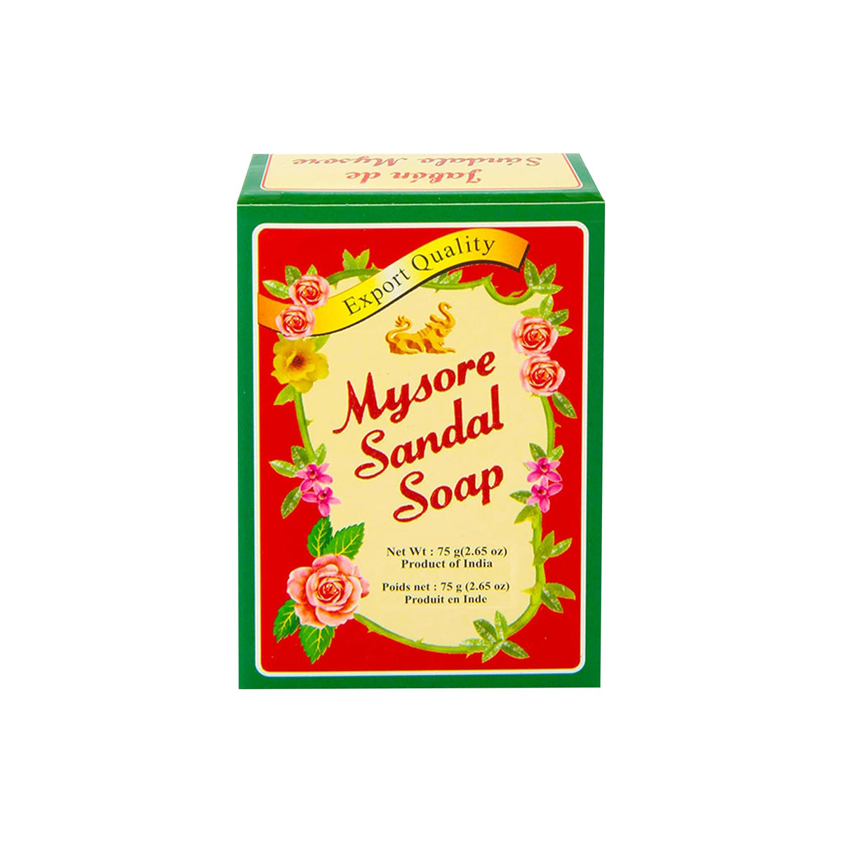 Mysore Sandal front packaging showing twelve 75g bars and brand benefits