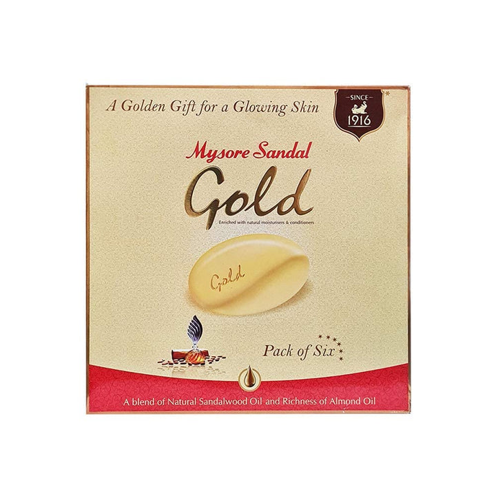 Mysore Sandal front packaging showing six 125g bars and brand benefit