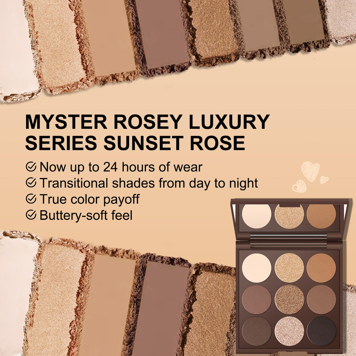 MYSTER ROSEY swatches on arm, visible pigmentation and buildable tones