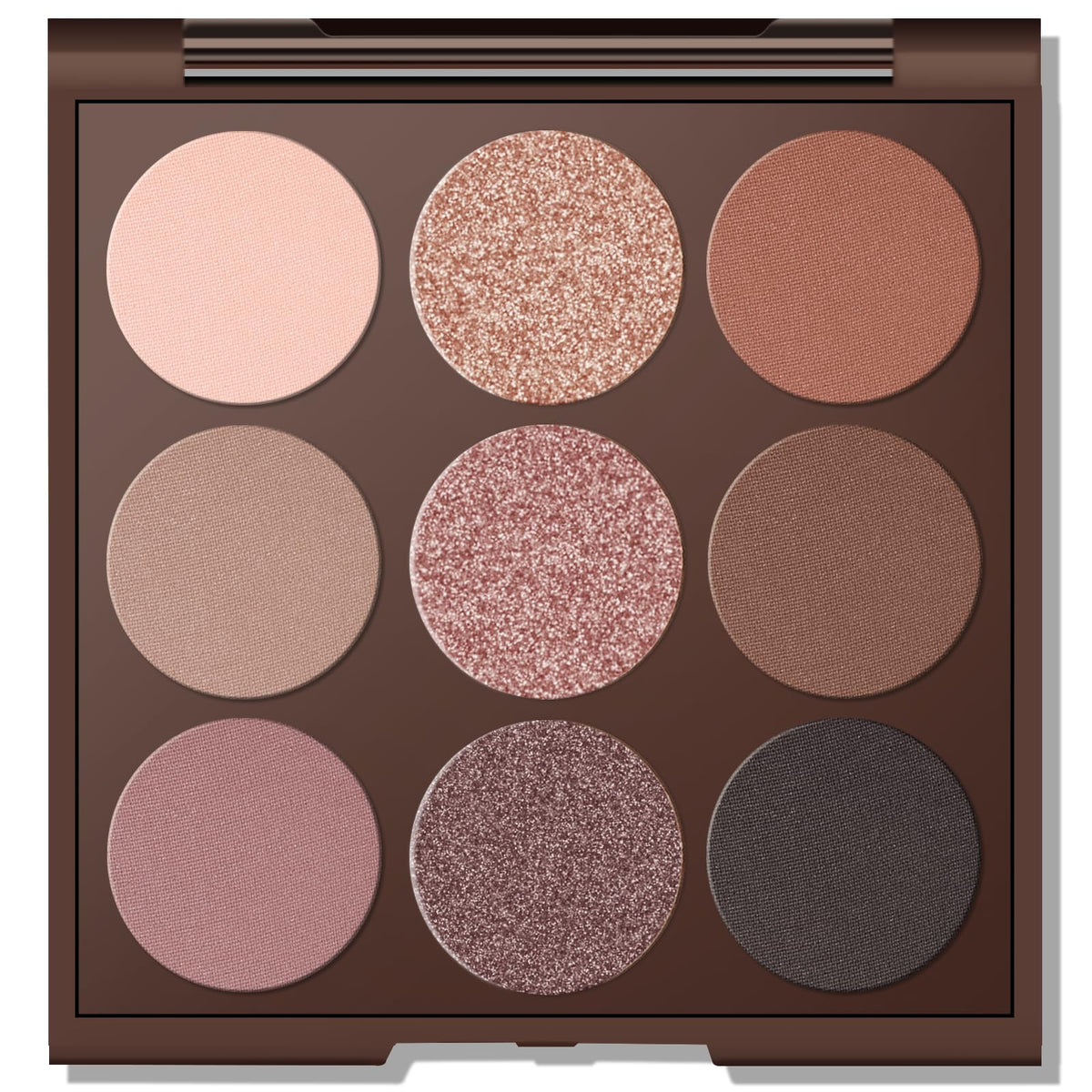 MYSTER ROSEY front view of palette showing nine matte shades for versatile looks