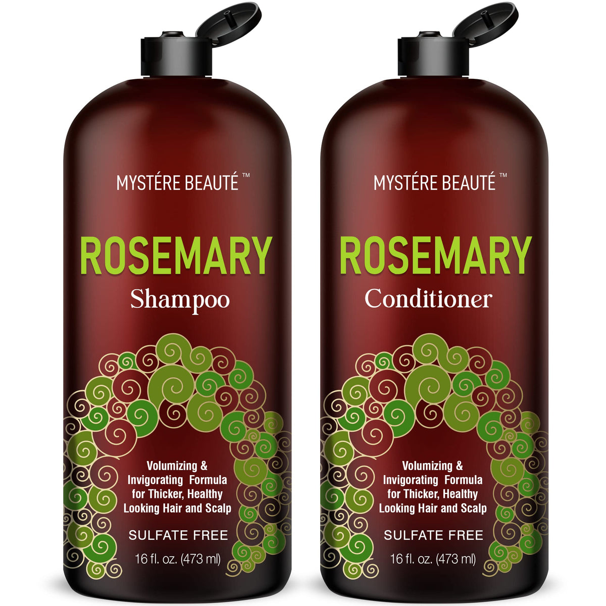 MYSTÉRE BEAUTÉ front packaging showing rosemary shampoo and conditioner, promotes fuller-looking hair