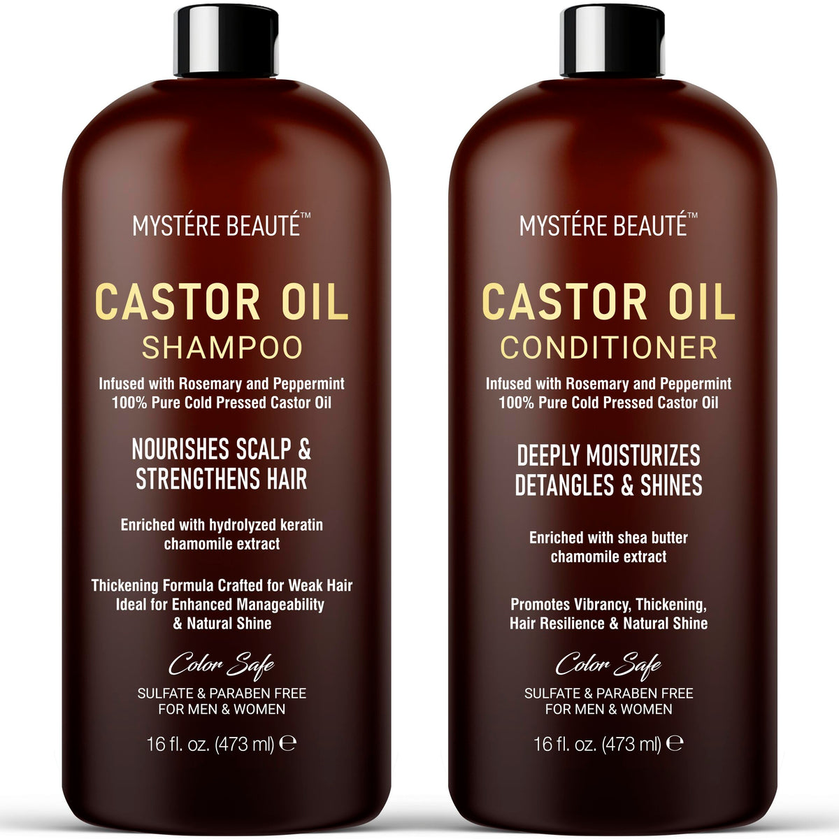 MYSTÉRE BEAUTÉ front packaging showing both 16 oz bottles and branding benefit