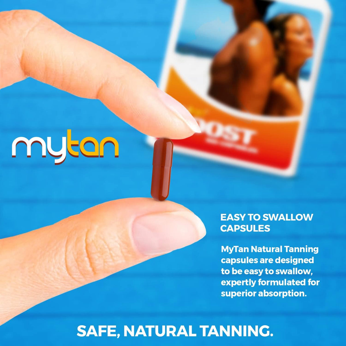 MyTan size comparison next to sunscreen showing travel-friendly benefit